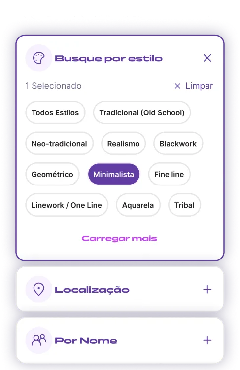 Busca de tatuadores por estilo e localização no app Tatua